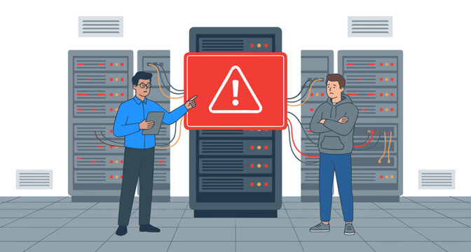 IT technician explaining system error to worried user