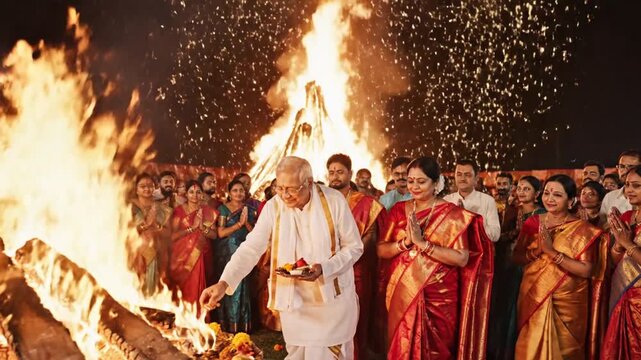 Holika Dahan Festival Night with Glowing Flames
