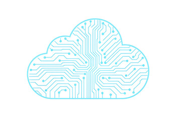 Cloud computing concept with glowing circuit board pattern, digital data technology and network storage on transparent background