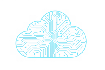 Cloud computing concept with glowing circuit board pattern, digital data technology and network storage on transparent background