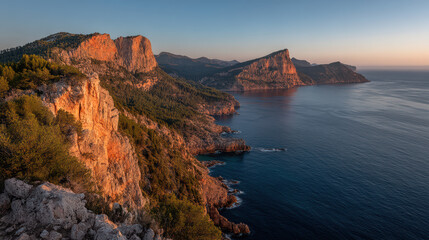 A breathtaking view of rugged cliffs bathed in warm golden sunlight, surrounded by the calm, blue sea at dusk on the coast of a Mediterranean island.