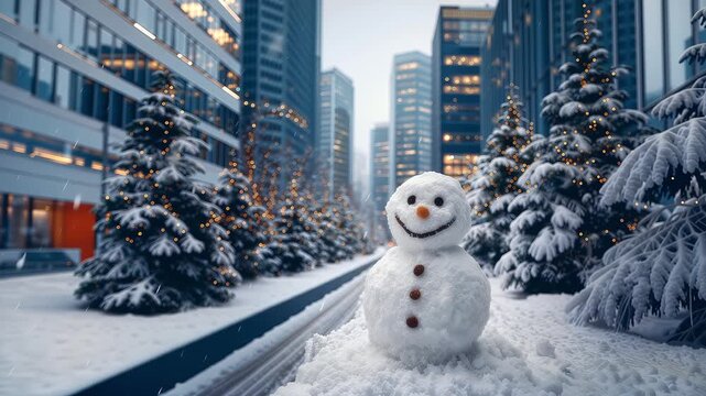 snowman stands on a snow-covered sidewalk with a business center in the background, the camera slowly zooms out, it is snowing heavily on Christmas Eve, greeting card