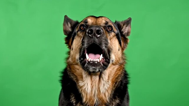 Majestic German Shepherd dog looking directly at camera on green background