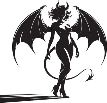 Silhouette of a devil woman with horns, dress, wings, and a tail in black and white illustration