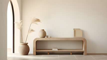 Neutral-tone console table under curved archway in minimal interior