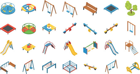 Isometric playground equipment icon set featuring swings, slides, seesaws, trampolines, benches, trees, and outdoor kids park recreation elements