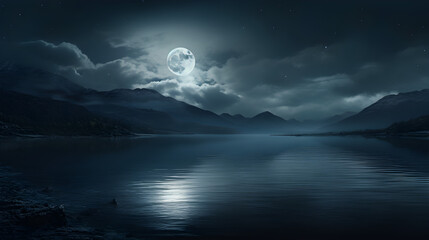 Night seascape with sailboat in monochrome blue tones