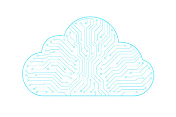 Cloud computing circuit board concept with digital network data storage technology and blue neon lights