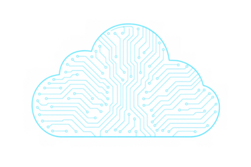 Cloud computing circuit board concept with digital network data storage technology and blue neon lights
