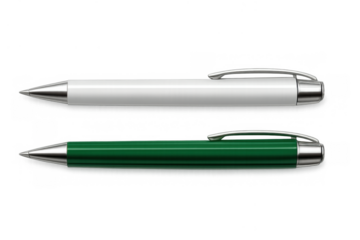 White and green ballpoint pens for corporate branding and office stationery items mockup, transparent background