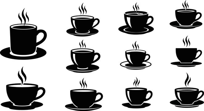 set of black coffee cups and saucers with steam rising up on white background - Powered by Adobe