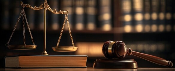 A gavel and scales of justice on a wooden surface, with a backdrop of law books, symbolizing the legal profession and judicial system.