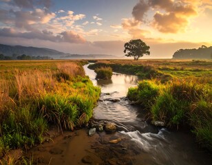 Serene Sunrise Stream Through Meadow.