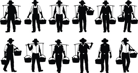 Obraz premium Traditional farmer carrying baskets silhouettes collection, rural agriculture workers with shoulder pole, black vector illustration isolated on white