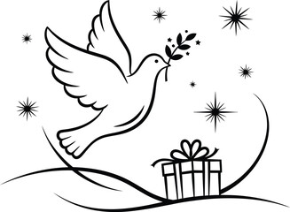 Fototapeta premium Dove carrying olive branch flies over gift box with sparkles