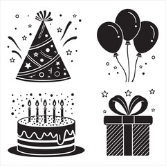 Birthday and party celebration icons set cake, balloons, gift and party hat silhouettes.