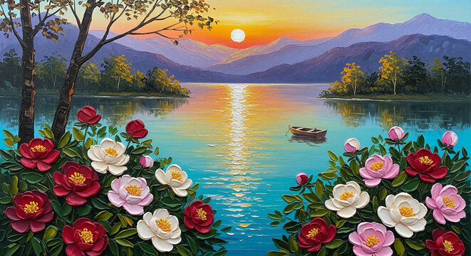 Oil Painting of Sunset Lake with Colorful Peonies Abstract Wallpaper for mural wall art, invitation, poster, canvas print, wall decor painting design