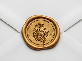 Golden wax seal emblem featuring lion head with crown isolated on envelope