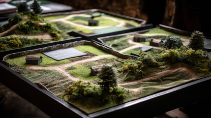 A meticulously crafted miniature landscape, a detailed model of rural terrain with fields, roads, and buildings, showcasing artistry and imaginative design.