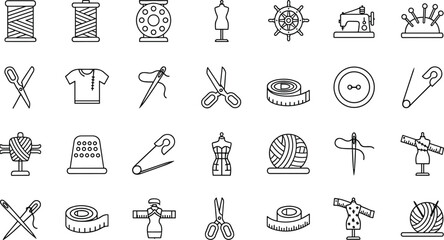 Sewing and tailoring line icon set with needles threads scissors mannequins measuring tools and fashion craft symbols illustration