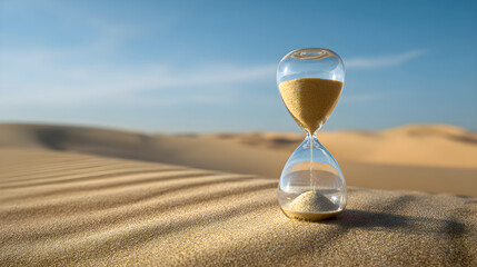 Hourglass counting down time in a vast desert landscape