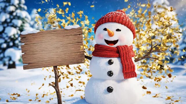 Snowman with sign in winter scene surrounded by sparkling particles