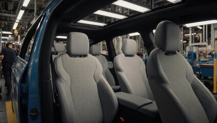 Car Interior with Light Gray Seats in Factory Setting.