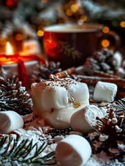 Cozy winter scene with gourmet marshmallows dusted with cocoa powder, pine cones and warm holiday lights background