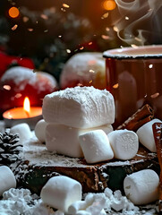 Stack of fluffy marshmallows on wooden table with red mug and festive fireplace background