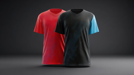 Two v-neck t-shirts, one vibrant red and the other black with a blue sleeve, present a simple yet striking apparel design concept against a dark backdrop.