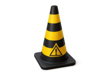 Traffic cone standing, a warning caution sign with yellow and black stripes indicating alert and danger, transparent background