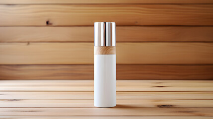 Sleek airless cosmetic container placed on pale wooden background