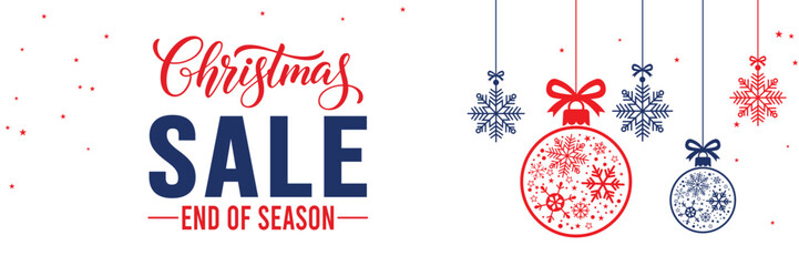 Modern Christmas sale banner with elegant script and bold SALE typography on a white background, featuring red and blue hanging snowflake ornaments, perfect for end of season winter holiday promotions © bibin