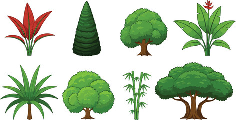 Cartoon tree and plant collection featuring tropical plants, bushes, bamboo, and forest trees illustrated in colorful flat vector style isolated on white background © MdAbdul