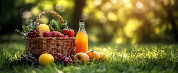 A beautiful basket filled with fresh fruits, including strawberries, grapes, and lemons, beside a bottle of juice, set in a sunlit grassy area.