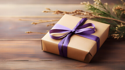 Small brown gift with purple twine on wood desk in soft light