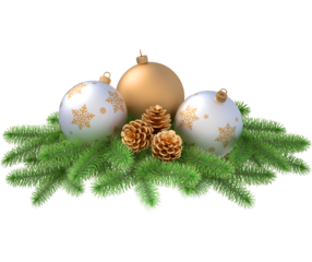 Elegant Christmas Ornaments with Gold and White Snowflake Baubles on Pine Branches Isolated on Transparent or White Background PNG