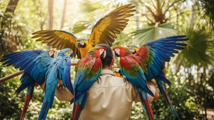 Obraz premium Colorful Macaw Flock Landing on a Human Handler in Jungle Paradise.