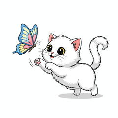 A white cat cartoon tries to catch a butterfly with colorful wings on a white background