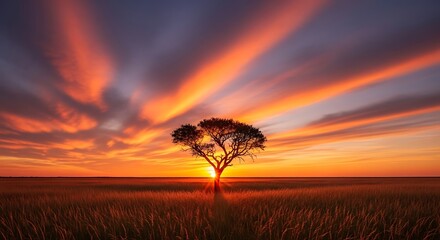 Serene Sunset Silhouette - A Lone Tree in the African Savanna.