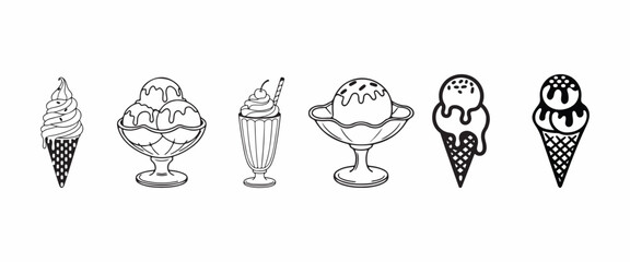 Ice Cream Icons Set Vector Line Art Illustrations of Sundaes, Cones, Soft Serve, and Milkshakes