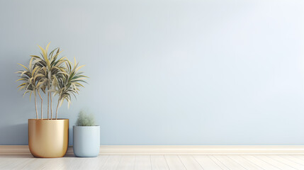 Soft pastel blue interior with golden plant pot and pale wooden flooring