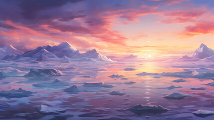 Soft pastel sky over icy terrain at sunset