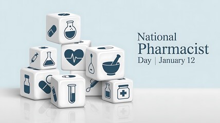 National pharmacist day concept with medical icons on white blocks
