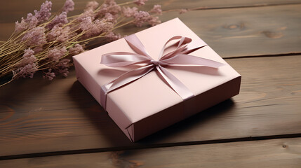 Soft pink gift box topped with dried foliage on wooden floor