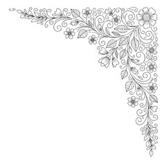 Obraz premium Floral corner design, with flowers, leaves, and swirls on white background