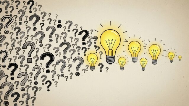 Ideas emerging Light bulbs replacing question marks Solution concept. - Powered by Adobe