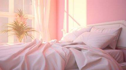 Soft rays of sun lighting up pink walls and white bedding