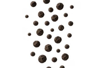 Black peppercorns falling or floating, seasoning food ingredient, cooking spice, transparent background