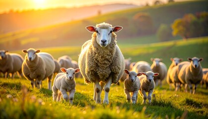 Sheep Flock in Sunny Pasture.